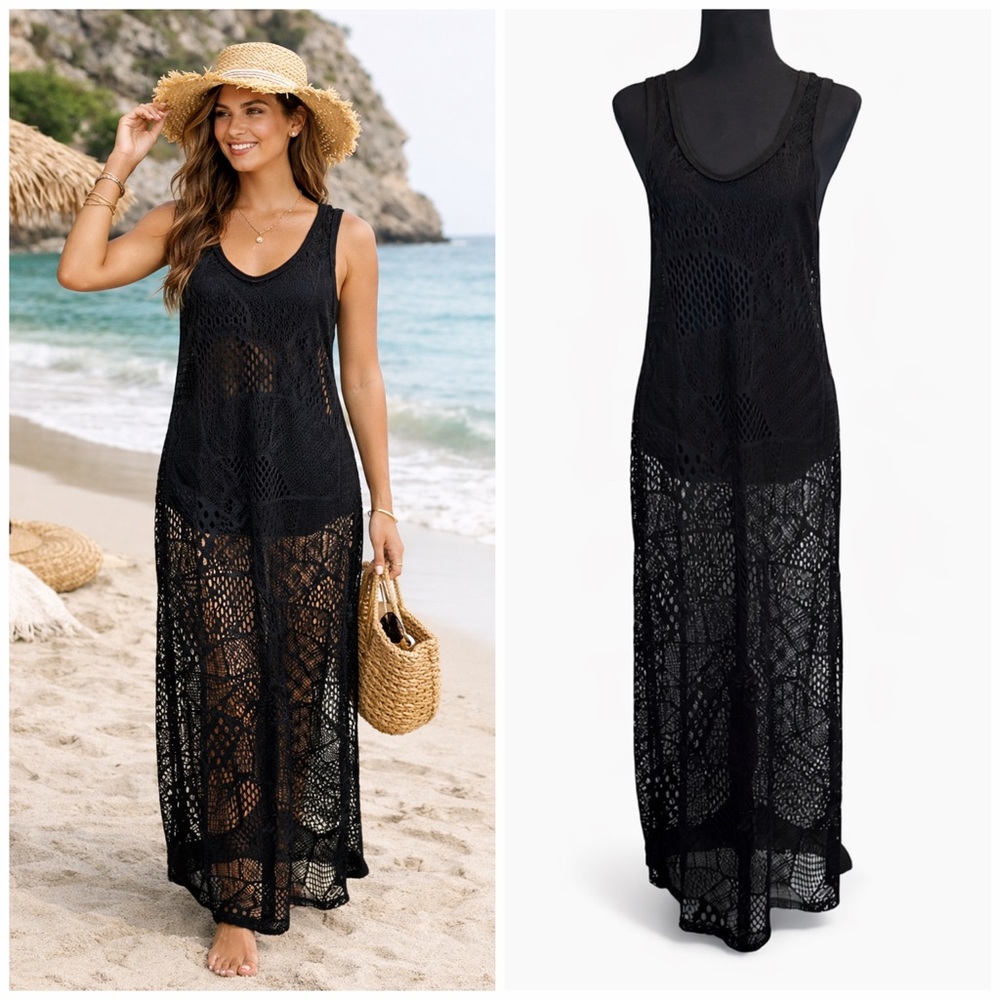 Venus Black Patchwork Crochet Maxi Swim Cover Up Boho Beach Dress M